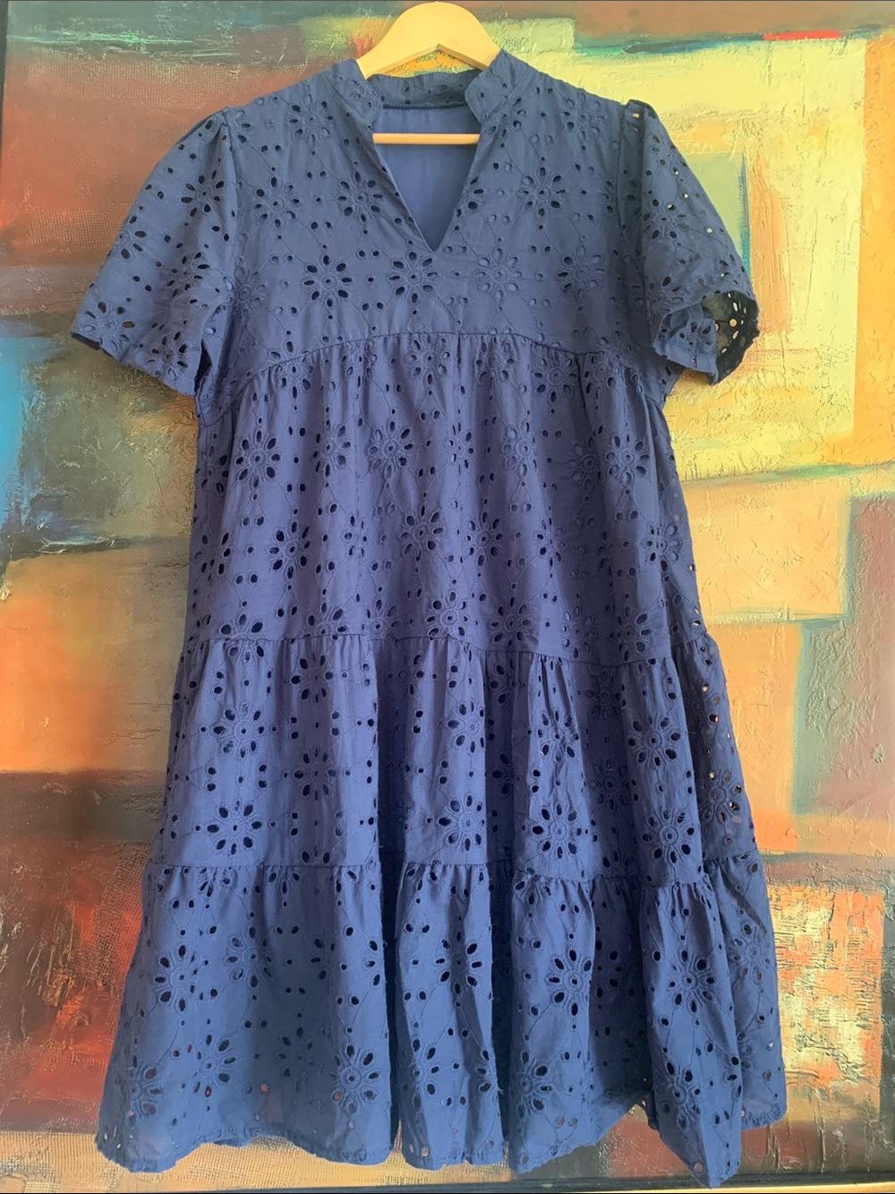 Navy Blue Eyelet Lace Tiered Babydoll Dress, Sz L